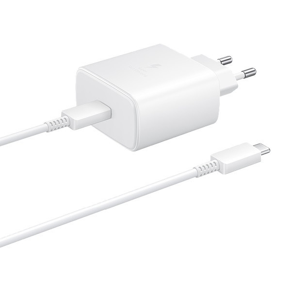 Sieťový nabíjací adaptér 45 W, zásuvka USB Type-C, USB Type-C s káblom, PD 3.0, QC 2.0, rýchle nabíjanie, Samsung, biely, továrenský