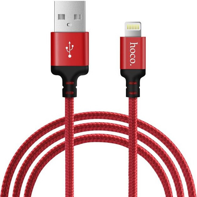 Nabíjací a dátový kábel USB, Lightning, 100 cm, 2400 mA, s ochranou proti zlomeniu, rýchle nabíjanie, vzor šnúrky, Hoco X14 Time Speed, červený