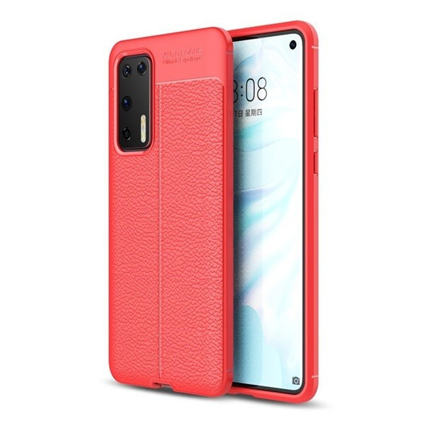 Huawei P40, silikónové puzdro, kožený efekt, vzor švov, červené