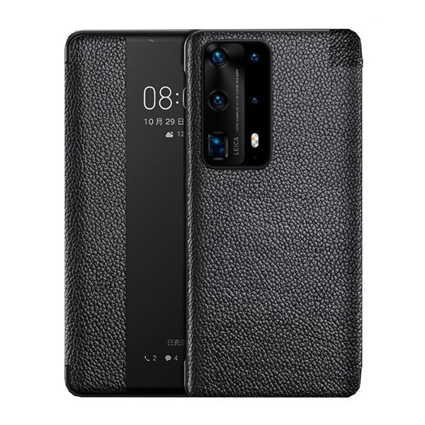 Huawei P40, bočné otváracie puzdro, puzdro z pravej kože, ukazovateľ hovoru, drsný povrch, Smart View Cover, čierne (náhradný trh)