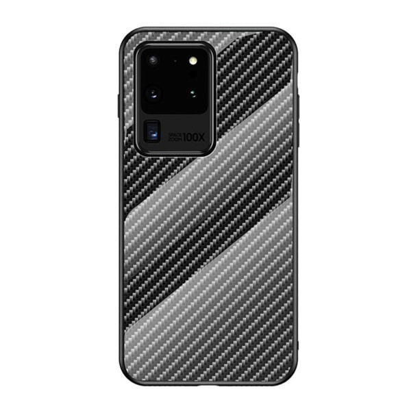 Samsung Galaxy S20 Ultra 5G SM-G988, silikónový ochranný kryt displeja, sklenená zadná strana, karbónový vzor, čierny