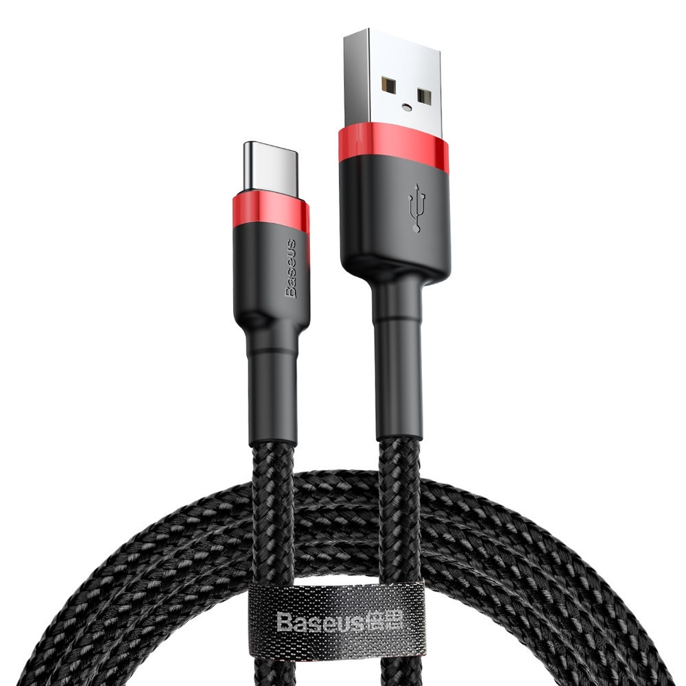 Nabíjací a dátový kábel USB, USB Type-C, 200 cm, 2000 mA, s ochranou proti otrasom, rýchle nabíjanie, vzor šnúrky, Baseus Cafule CATKLF-C91, čierna/červená