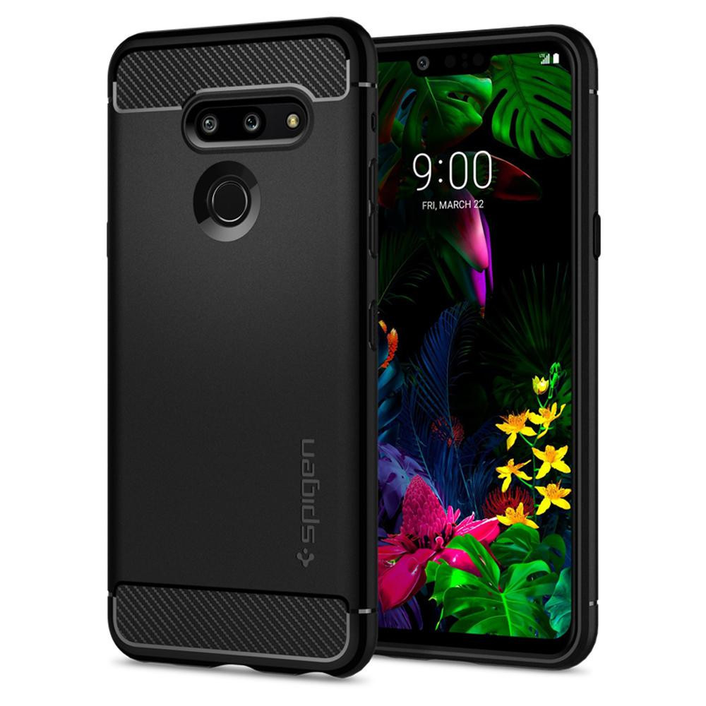 LG G8 ThinQ G820Q, silikónové puzdro, Spigen Rugged Armor, karbónový vzor, čierne