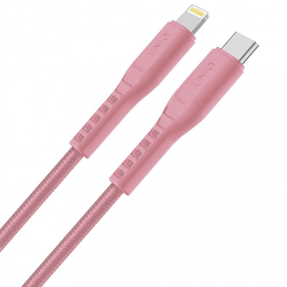 Nabíjací a dátový kábel USB typu C, Lightning, 120 cm, rýchle nabíjanie, proti zlomeniu, schválený MFI, Uniq Flex, ružový