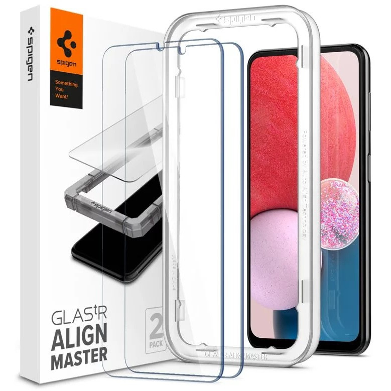 Samsung Galaxy A13 4G SM-A135F / A137F, ochranná fólia displeja, nárazuvzdorná fólia (vrátane zakrivenej časti), tvrdené sklo, Full Cover, Spigen Glastr Alignmaster, číra - 2 ks /b