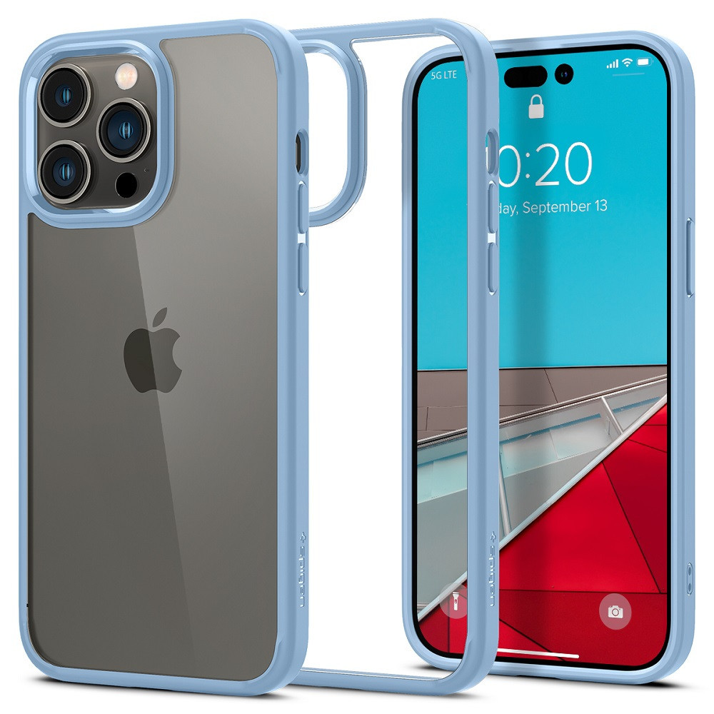 Apple iPhone 14 Pro Max, Silikónové puzdro + plastový rám, stredne odolné proti nárazu, Spigen Crystal Hybrid, číre/modré, číra/modrá