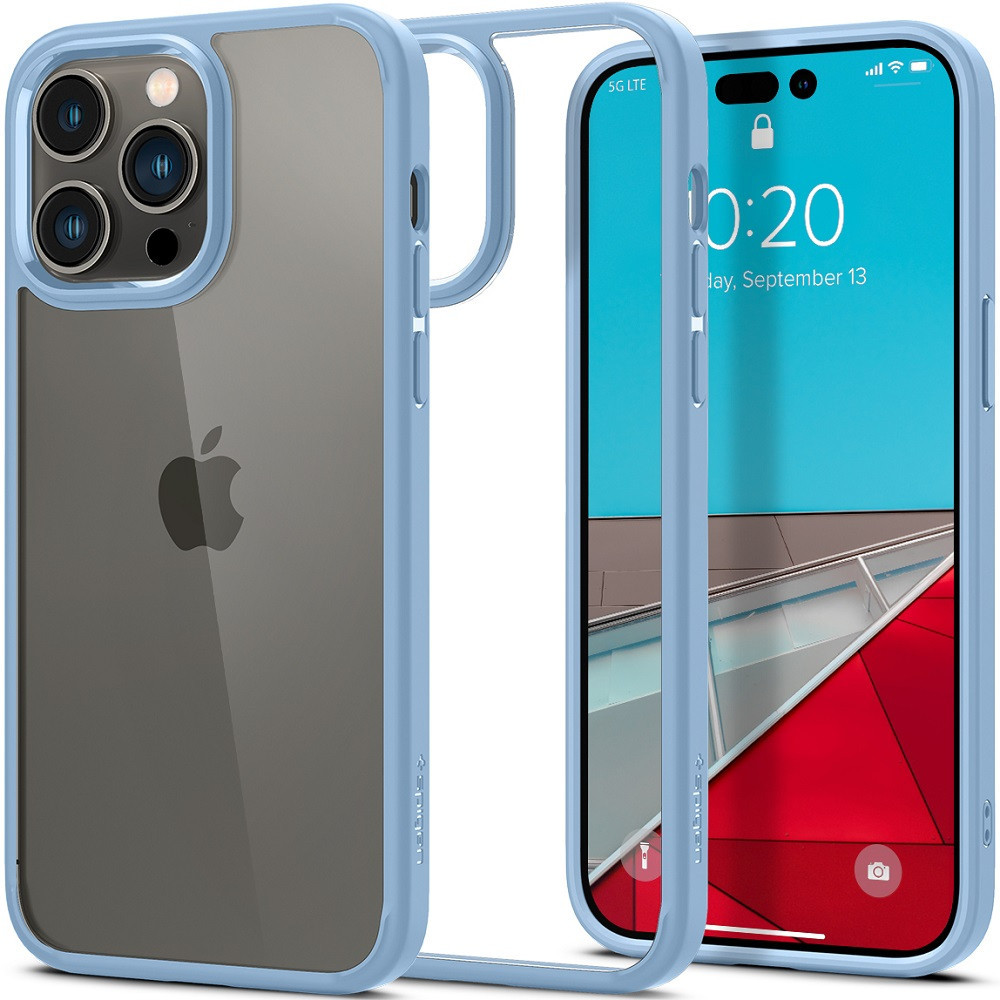 Apple iPhone 14 Pro, Silikónové puzdro + plastový rám, stredne odolné proti nárazu, Spigen Crystal Hybrid, číre/modré, číra/modrá
