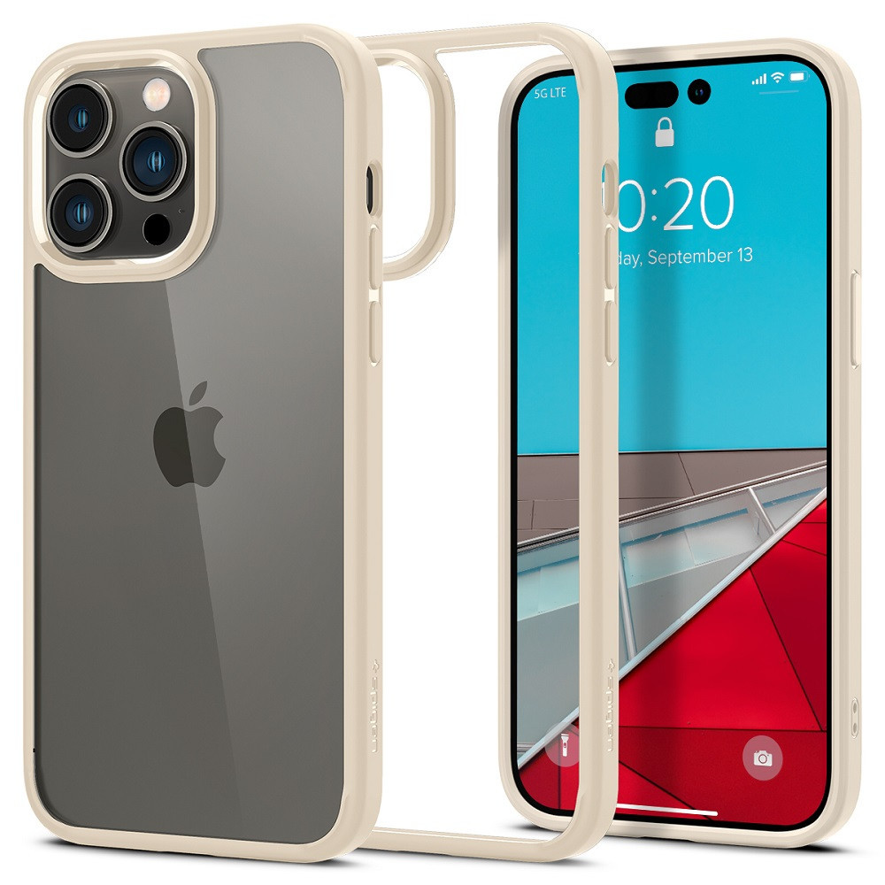 Apple iPhone 14 Pro, silikónové puzdro + plastový rám, stredne odolné proti nárazu, Spigen Crystal Hybrid, číra/pieskovo béžová