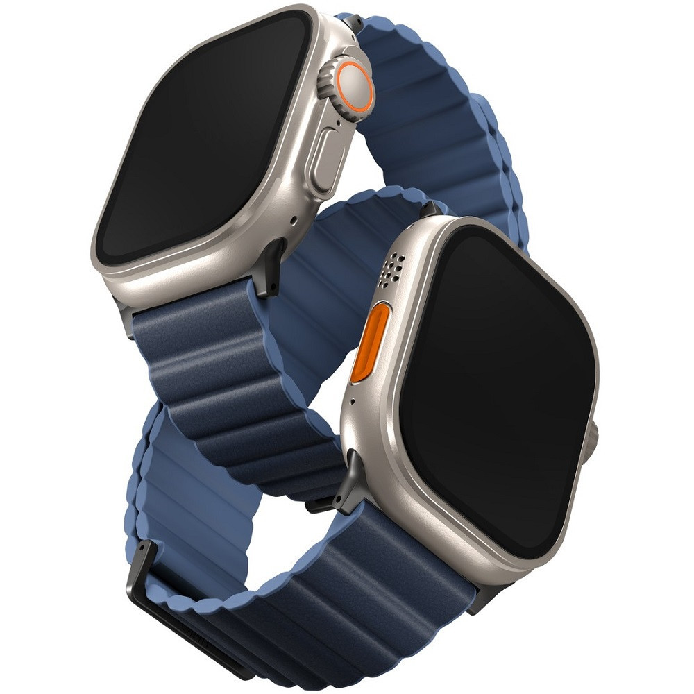 Apple Watch 1-6, SE (42 / 44 mm) / Watch 7-8 (45 mm) / Watch Ultra (49 mm), silikónový remienok, magnetické zapínanie, dvojfarebný, obojstranný, obojstranný, Uniq Revix, tmavomodrý