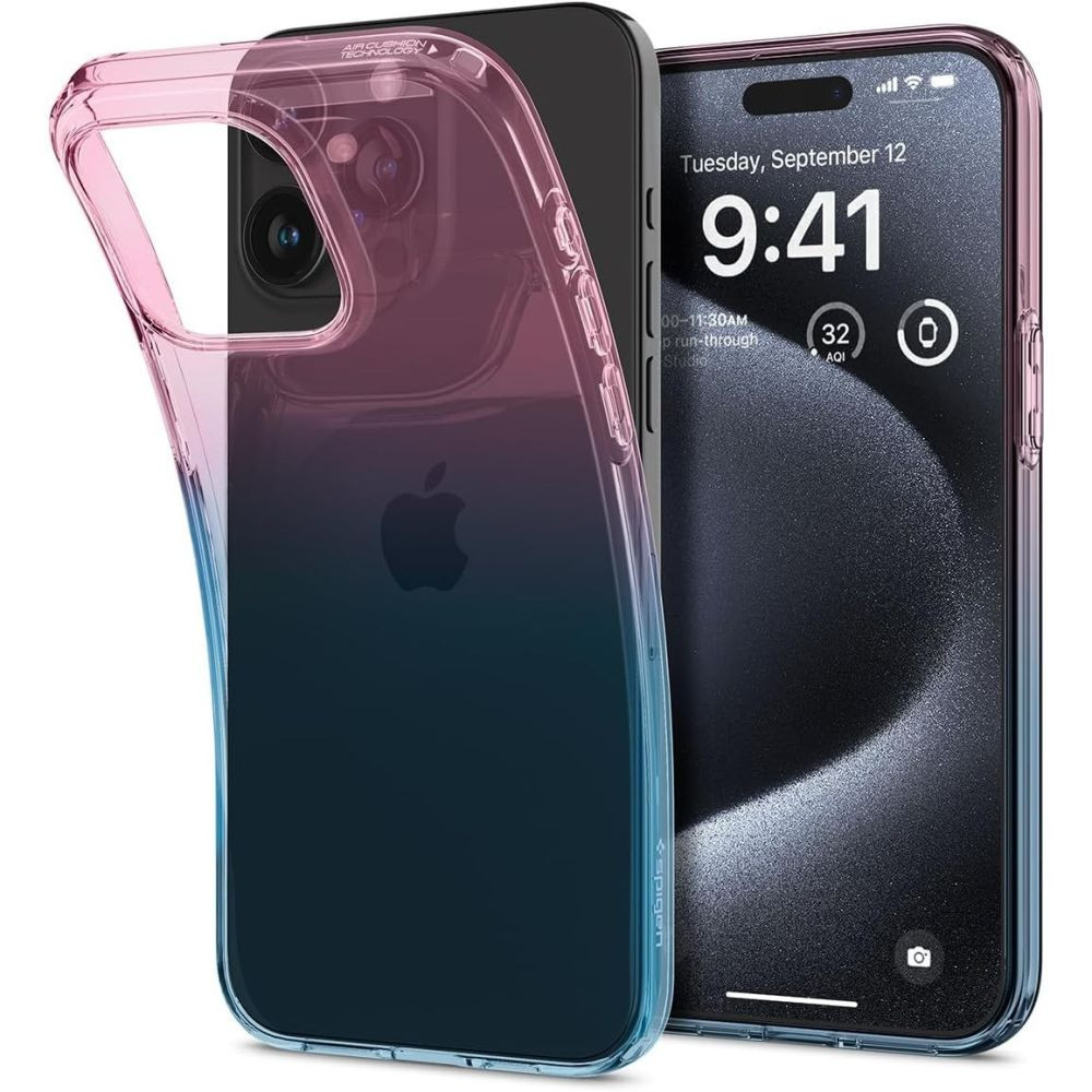 Apple iPhone 15 Pro, silikónové puzdro, transparentné/ružové/modré, Spigen Liquid Crystal Gradiation, transparentné/ružové/modré