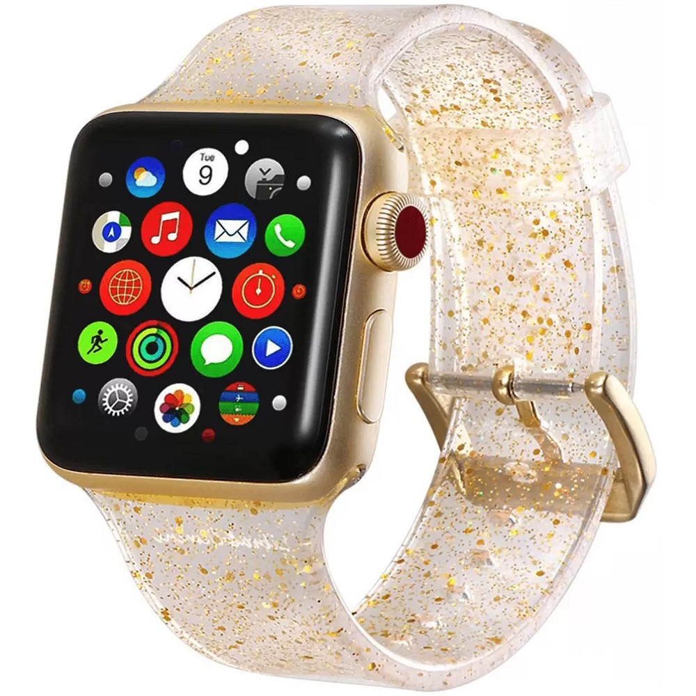 Apple Watch 4-6, SE, SE (2022) (42 / 44 mm) / Watch 7-9 (45 mm) / Watch Ultra 1-2 (49 mm), silikónový remienok, nastaviteľný, s trblietavým lemovaním, Xprotector, zlatý