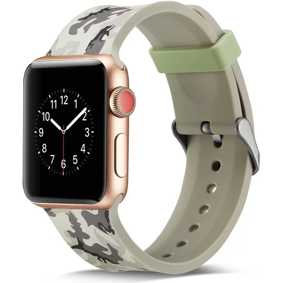 Apple Watch 4-6, SE, SE (2022) (38 / 40 mm) / Watch 7-9 (41 mm), silikónový remienok, nastaviteľný, maskáčový vzor, C13, Xprotector, vzorovaný/sivý