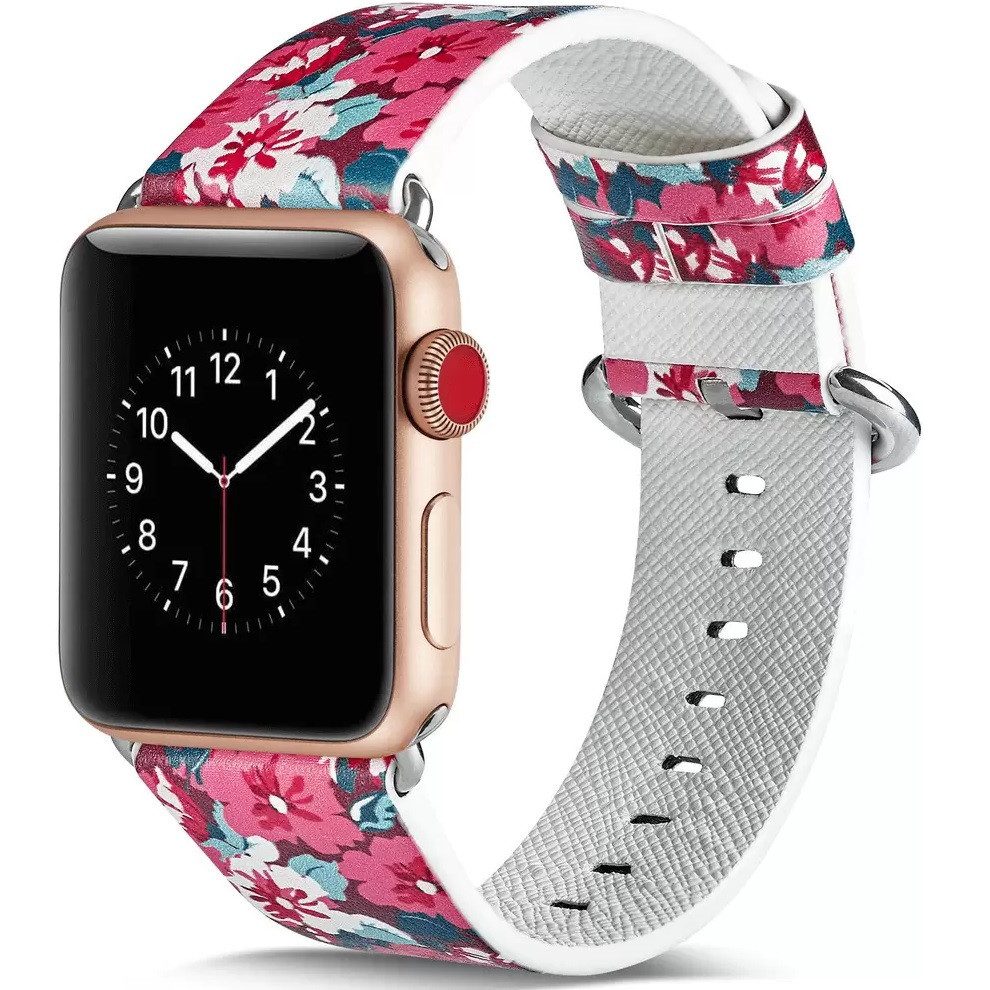 Apple Watch 4-6, SE, SE (2022) (42 / 44 mm) / Watch 7-9 (45 mm) / Watch Ultra 1-2 (49 mm), kožený remienok, nastaviteľný, kvetinový vzor, F2, Xprotector, vzorovaný/jantárový