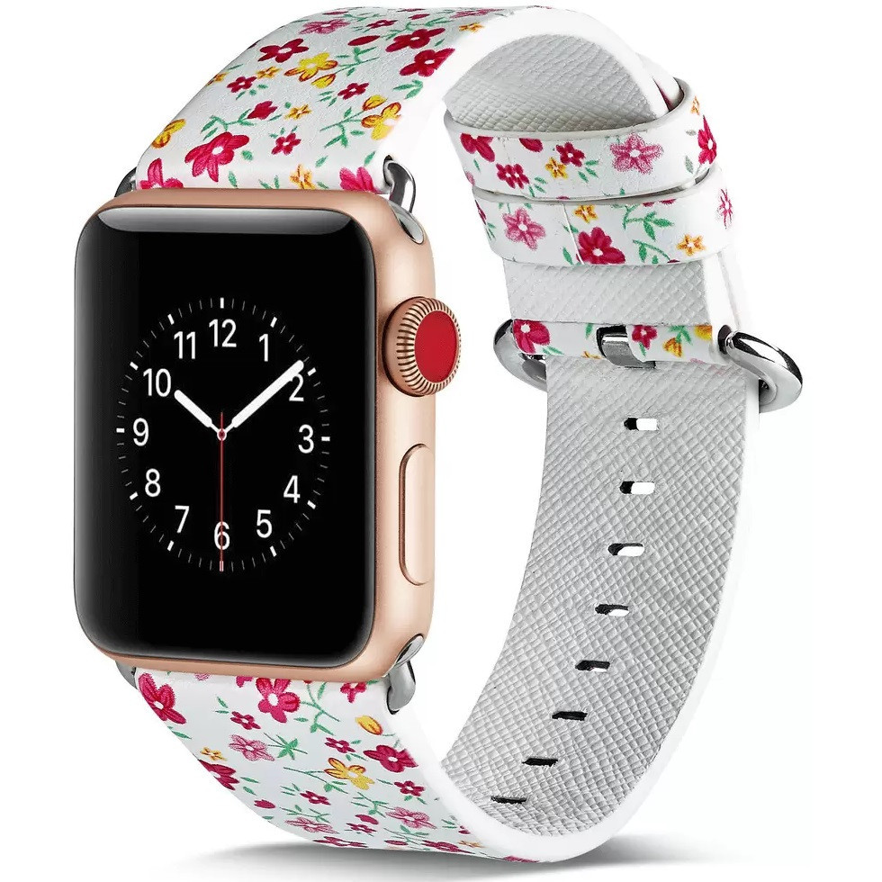 Apple Watch 4-6, SE, SE (2022) (42 / 44 mm) / Watch 7-9 (45 mm) / Watch Ultra 1-2 (49 mm), kožený remienok, nastaviteľný, kvetinový vzor, F5, Xprotector, vzorovaný/biely