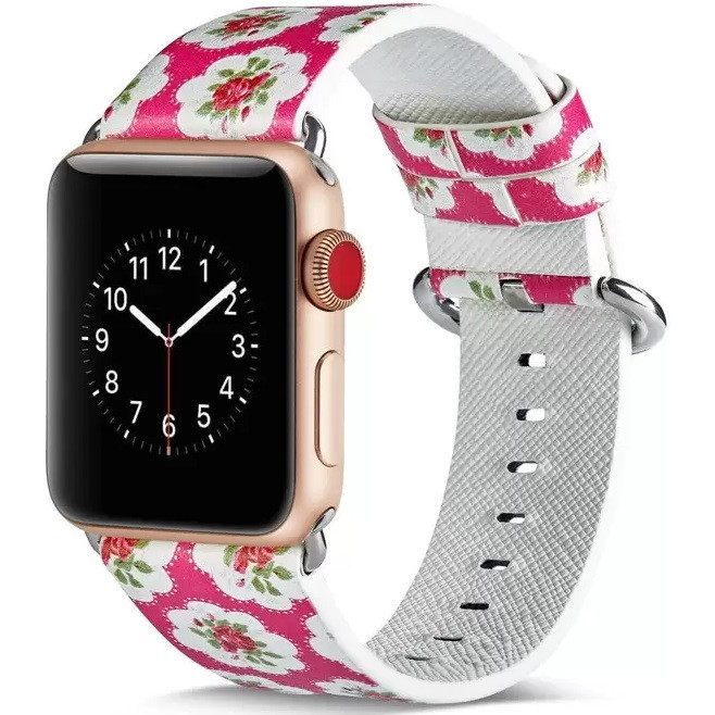 Apple Watch 4-6, SE, SE (2022) (42 / 44 mm) / Watch 7-9 (45 mm) / Watch Ultra 1-2 (49 mm), kožený remienok, nastaviteľný, kvetinový vzor, F3, Xprotector, vzorovaný/ružový