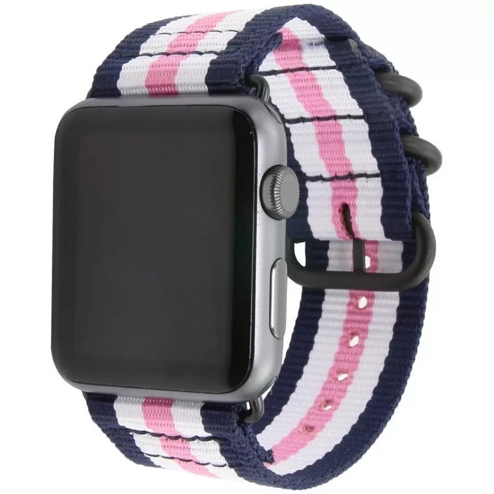 Apple Watch 4-6, SE, SE (2022) (42 / 44 mm) / Watch 7-9 (45 mm) / Watch Ultra 1-2 (49 mm), plastový remienok, tkaný, nastaviteľný, 3-farebný prúžok, Xprotector, tmavomodrý/biely/ru