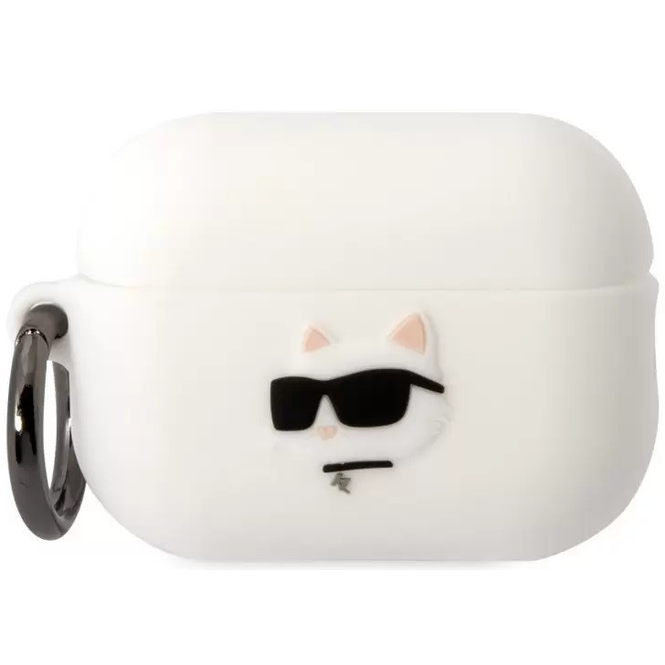 Držiak na nabíjačku slúchadiel Bluetooth, silikónový, karabínka, vzor slnečných okuliarov Kitten, kompatibilný s Apple AirPods Pro 2, 3D logo Karl Lagerfeld NFT Choupette Head, bie