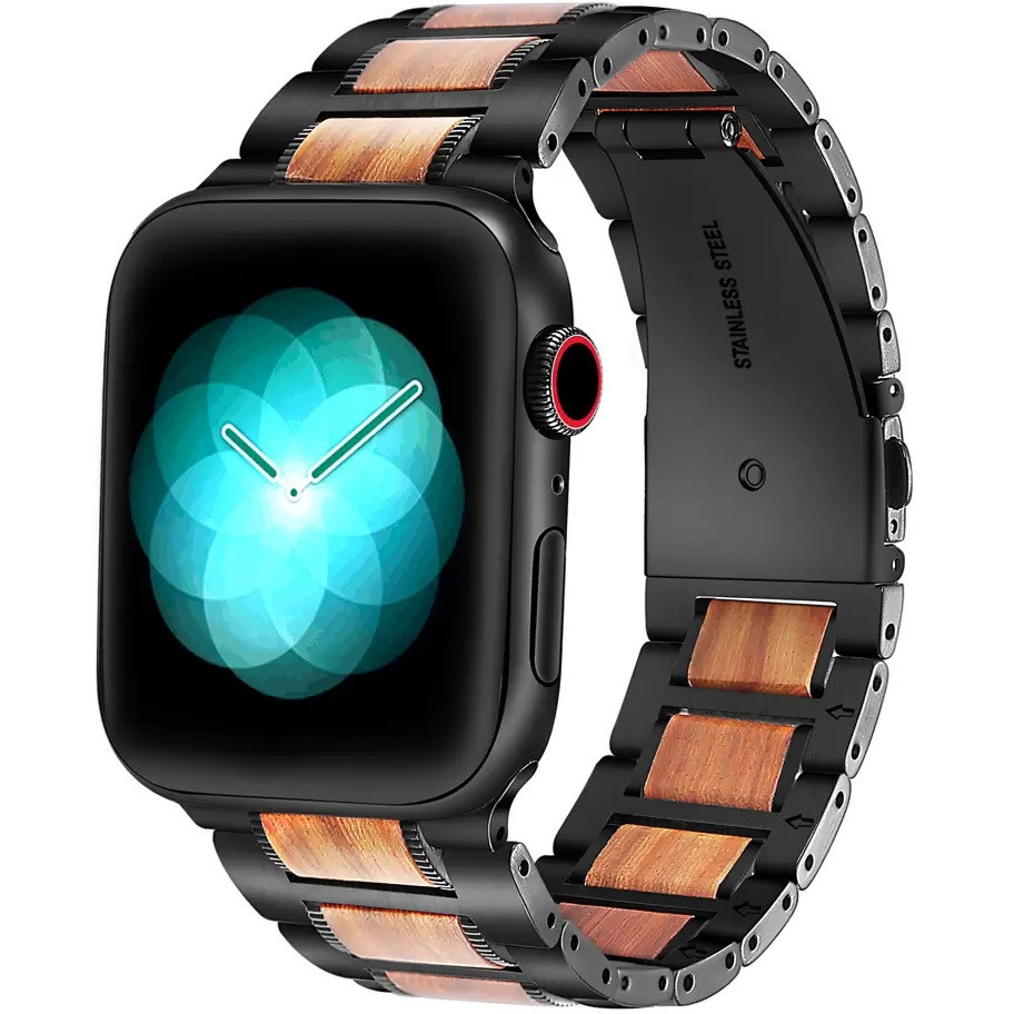 Apple Watch 4-6, SE, SE (2022) (42 / 44 mm) / Watch 7-9 (45 mm) / Watch Ultra 1-2 (49 mm), kovový zadný remienok, nehrdzavejúca oceľ, drevená vložka, Xprotector, čierna/hnedá