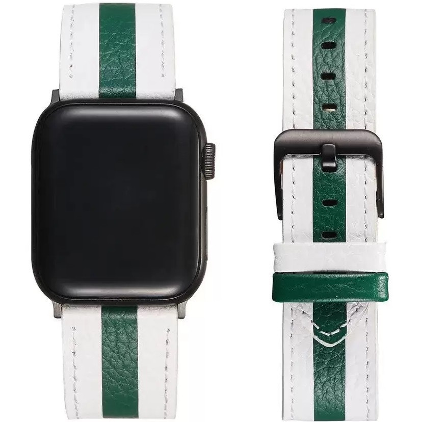 Apple Watch 4-6, SE, SE (2022) (38 / 40 mm) / Watch 7-9 (41 mm), Kožený remienok, nastaviteľný, zelené prúžky, Xprotector, biely