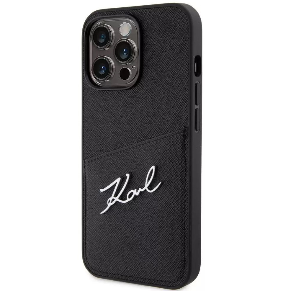 Apple iPhone 13 Pro, Plastový zadný kryt + silikónový rám, zadný kryt s koženým vzhľadom a držiakom na karty, Karl Lagerfeld Saffiano Metal Signature Cardslot, čierny