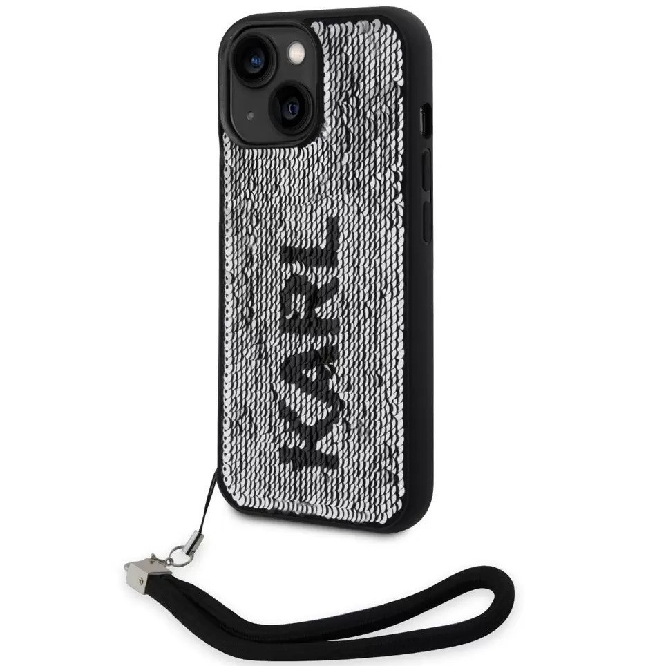 Apple iPhone 13, Plastový zadný kryt + silikónový rám, zadný kryt s remienkom na zápästie, vzor Karl, Karl Lagerfeld Sequins Reversible, strieborná/čierna