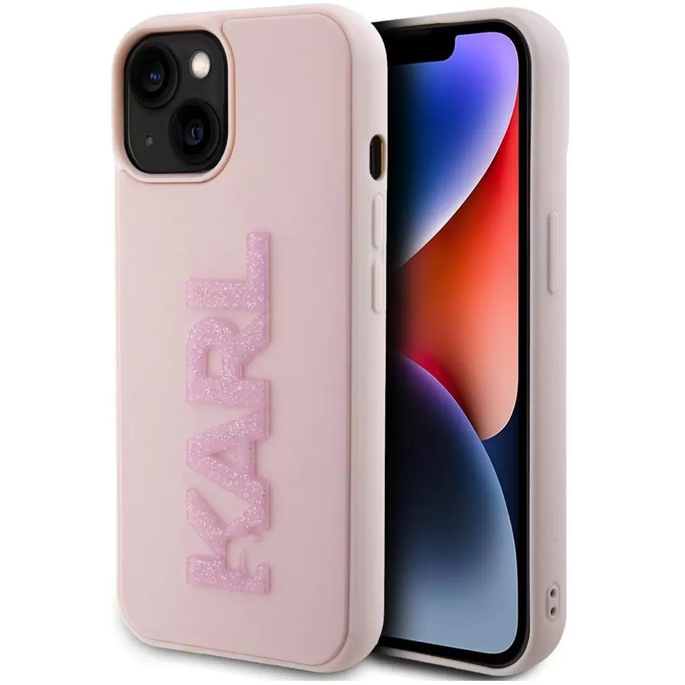 Apple iPhone 15, Plastový zadný kryt + silikónový rám, 3D trblietky, Karl vzor, Karl Lagerfeld 3D Rubber Glitter Logo, ružový