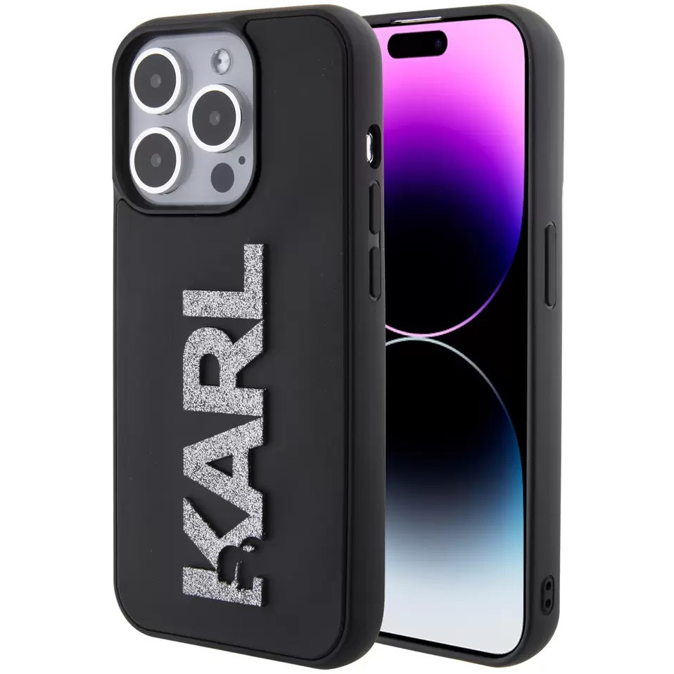 Apple iPhone 15 Pro, Plastový zadný kryt + silikónový rám, 3D trblietky, vzor Karl, logo Karl Lagerfeld 3D Rubber Glitter, čierna